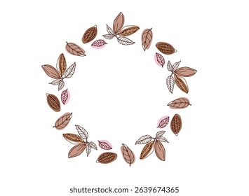 Cocoa border. Round Cocoa beans linear frame. Doodle Outline vector illustration on white background. Organic product sketch cooking ingredient. Chocolate cocoa beans Round frame template sketch.