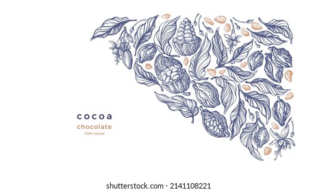 Cocoa Border. Vector Engraving. Organic Chocolate. Vintage Graphic Bean, Aroma Fruit. Art Hand Drawn Pattern On White Background