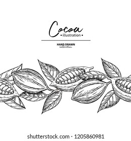 Cocoa border. Vector superfood drawing template.  Fruit, leaf and bean seamless pattern. Organic food sketch. Hand drawn chocolate packaging, cacao banner, poster, label. Isolated illustration