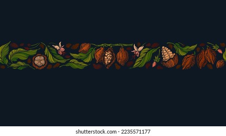 Cocoa border. Vector vintage pattern. Dark chocolate, butter. Tropical aroma food. Art seamless strip, retro illustration on black background