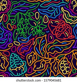 Cocoa branch. Vector abstract seamless pattern. Nature tree, green leaf, sweet bean, flower in bloom, organic fruit. Sketch hand drawn illustration on black background. Graphic art line print