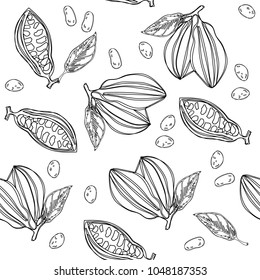 Cocoa branch vector seamless pattern. Continuous line hand drawn vector illustration. 