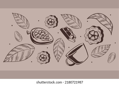 cocoa, cacao and chocolate with leaves