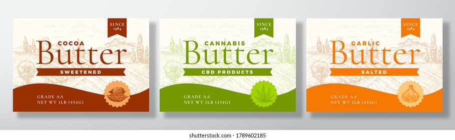 Cocoa, Cannabis and Garlic Butter Dairy Labels Collection. Abstract Vector Packaging Design Layouts Set. Modern Typography Banners with Hand Drawn Rural Landscape Background. Isolated.