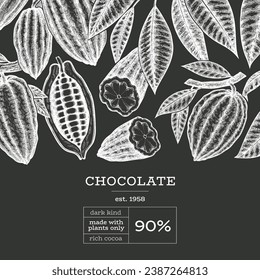 Cocoa Chalk Board Vector Banner Template. Chocolate Retro Cocoa Beans Background. Vintage Style Hand Drawn Illustration. 