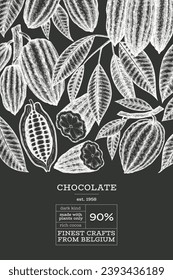 Cocoa Chalk Board Vector Banner Template. Chocolate Retro Cocoa Beans Background. Vintage Style Hand Drawn Illustration. 