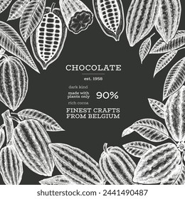 Cocoa Chalk Board Vector Banner Template. Chocolate Retro Cocoa Beans Background. Vintage Style Hand Drawn Illustration. 