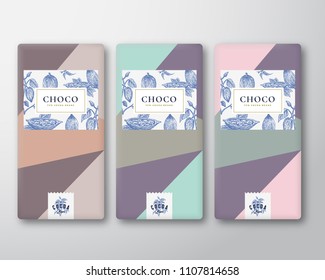Cocoa Chocolate Abstract Vector Packaging Design Labels Set. Modern Typography and Hand Drawn Cacao Beans Sketch Silhouette Background Layout. Realistic Soft Shadows. Isolated.