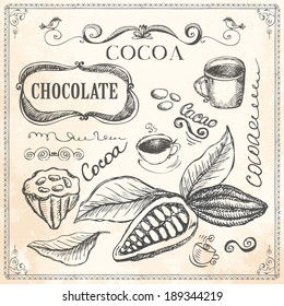 cocoa chocolate advertising doodle logo drawn hand 1940 1980 natural nails drawn chocolate and food doodles cocoa chocolate advertising doodle logo drawn hand 1940 1980 natural cacao candy brown plant