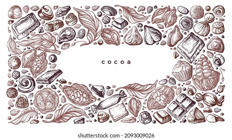 Cocoa and chocolate assorted.  Aroma truffle and sweet dessert. Vintage graphic border on white background