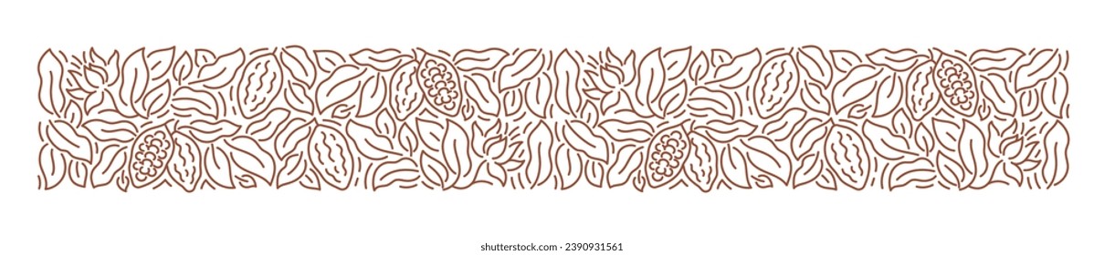 Cocoa chocolate background. Beans and branches leaves. Editable outline stroke. Vector line. Pattern design element.