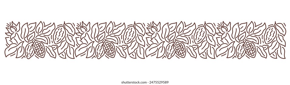 Cocoa or chocolate background. Beans and branches leaves. Editable outline stroke. Vector line. Pattern design element.