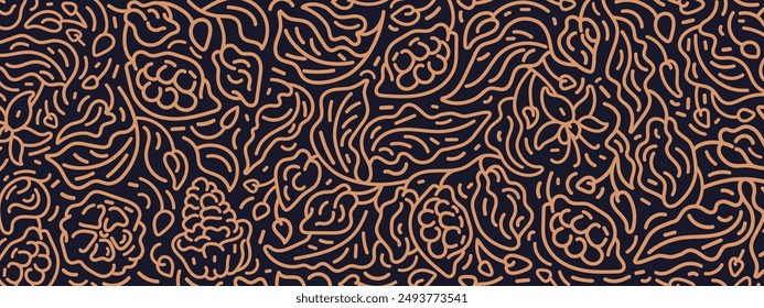 Cocoa chocolate background. Vintage sketch line motif for food design, menu, cafe wall. Vector plantation of chocolate beans, texture leaves, aroma fruit. Organic butter