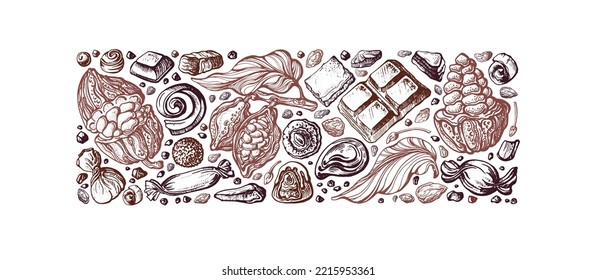 Cacao, borde de chocolate, fondo de boceto. Ilustración vectorial de tarta, nueces, frijol, trufa. Gráfica vintage para tienda de dulces, café