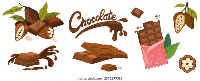 Cocoa and chocolate cartoon set.  Cocoa beans, leaves, raw chocolate chunks, wedges of dessert chocolate, Chocolate text. Organic product. Vector hand draw illustration isolated on white background.