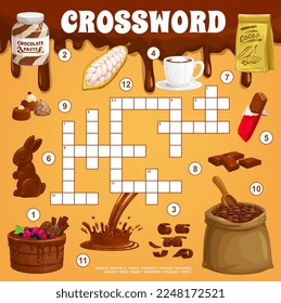 Cocoa and chocolate. Crossword grid. Find a word quiz game, crossword puzzle or playing activity vector worksheet with chocolate bar, paste and candies, cacao beans, hot chocolate drink and cake