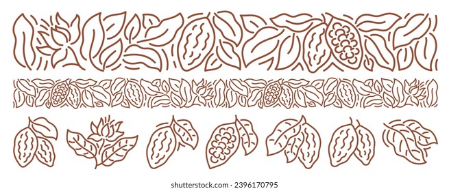 Cocoa chocolate design element set. Beans and branches leaves. Editable outline stroke. Open paths vector line.