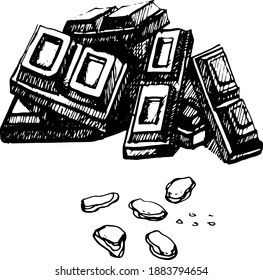 Cocoa , chocolate. Graphic hand-drawn vector illustration. Separate elements on a white background. Sketch, doodle, ink, engraving. Print, textiles.