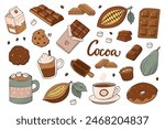 cocoa and chocolate hand drawn doodles collection, isolated cartoon elements for prints, posters, stickers, product packaging, etc. EPS 10