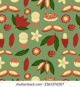 Cocoa and chocolate icon pattern, candy, cocoa beans, logo template, for confectionery shop. Vector illustration. EPS 10