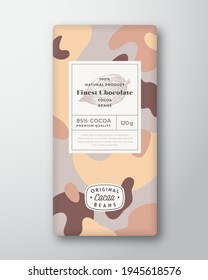 Cocoa Chocolate Label Abstract Shapes Vector Packaging Design Layout with Realistic Shadows. Modern Typography Hand Drawn Bean Silhouette and Colorful Camouflage Pattern Background. Isolated.