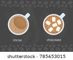 Cocoa and chocolate with marshmallows in cups isolated on chalkboard background. Top view.