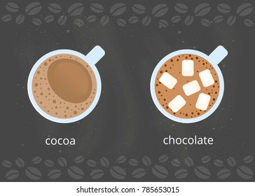 Cocoa and chocolate with marshmallows in cups isolated on chalkboard background. Top view.