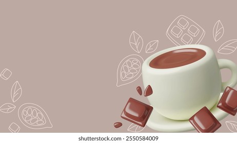 Cocoa and chocolate poster background with 3d realistic chocolate drink and blocks with cocoa beans doodles. Vector design with copy space.