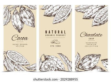 Cocoa and chocolate production banners or vertical flyers set, engraving black line vector illustration. Vintage hand drawn banners collection with cocoa plant elements.