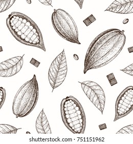 Cocoa and chocolate seamless pattern. Handmade chocolate wrapping design. Vintage elements for design.