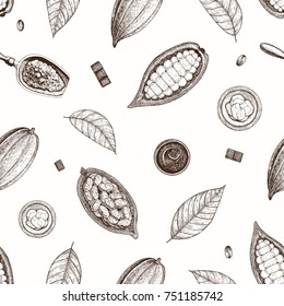 Cocoa and chocolate seamless pattern. Handmade chocolate wrapping design. Vintage elements for design.