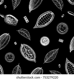 Cocoa and chocolate seamless pattern. Handmade chocolate wrapping design. Vintage elements for design.
