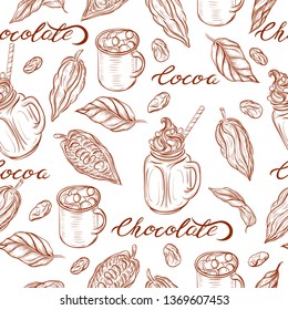 cocoa and chocolate seamless pattern, hot chocolate, marshmallows, leaves, cocoa beans, handing. vector illustration, design element in retro style