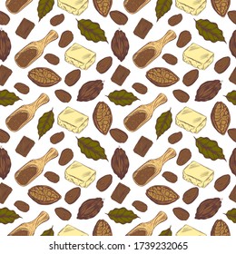 Cocoa and chocolate seamless pattern, cocoa women, chocolate and cocoa leaves. vector illustration