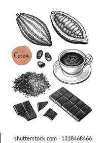 Cocoa and chocolate set. Ink sketch isolated on white background. Hand drawn vector illustration. Retro style. 