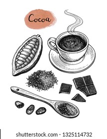 Cocoa and chocolate set. Ink sketch isolated on white background. Hand drawn vector illustration. Retro style.