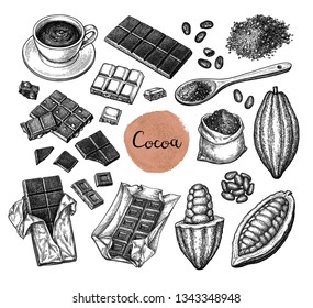 Cocoa and chocolate set. Ink sketch isolated on white background. Hand drawn vector illustration. Retro style.