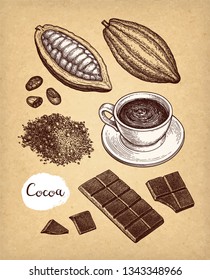 Cocoa and chocolate set. Ink sketch on old paper background. Hand drawn vector illustration. Retro style.