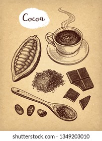 Cocoa and chocolate set. Ink sketch on old paper background. Hand drawn vector illustration. Retro style.