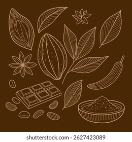 Cocoa and Chocolate Sketch – Hand Drawn Cacao Set on Brown Background Vector Illustration. Elegant line art on a rich brown background, perfect for packaging, menus, and artisanal branding.