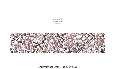 Cocoa, chocolate strip, sketch background. Vector art sketch of cake, nuts, bean, truffle. Vintage graphic illustration for sweet-shop, cafe