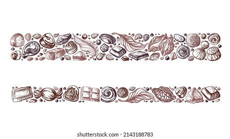 Cocoa, chocolate strip, sketch background Vector art sketch of cake, nuts, bean, truffle. Vintage graphic illustration for sweet-shop, cafe