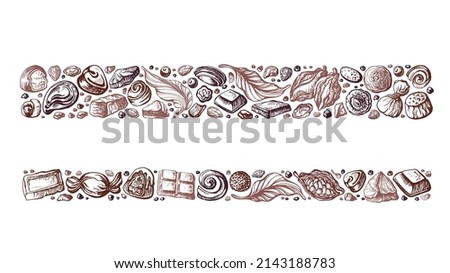 Cocoa, chocolate strip, sketch background Vector art sketch of cake, nuts, bean, truffle. Vintage graphic illustration for sweet-shop, cafe