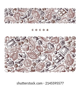 Cocoa, chocolate template. Vector texture sketch of cake, nuts, bean, truffle. Vintage graphic hand drawn illustration for sweet-shop, cafe