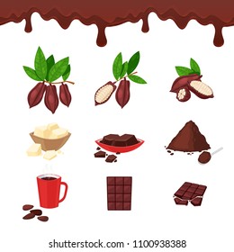 Cocoa and chocolate, vector cartoon design elements and icons set. Cacao beans, sweet bar, powder and cup illustration.