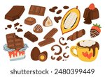 Cocoa and chocolate world day cartoon set. Sweet candies and chocolate bar, egg, cocoa pod with beans, strawberry in chocolate, fondant with raspberry on top, mug with hot chocolate and marshmallows.