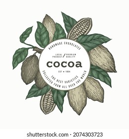 Plantilla de banner en color de cacao. Fondo de grano de cacao retro de chocolate. Ilustración dibujada a mano por vectores. Ilustración de estilo vintage.