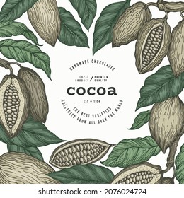 Plantilla de banner en color de cacao. Fondo de grano de cacao retro de chocolate. Ilustración dibujada a mano por vectores. Ilustración de estilo vintage.