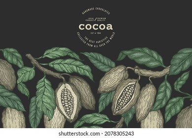 Plantilla de banner en color de cacao. Fondo de grano de cacao retro de chocolate. Ilustración dibujada a mano por vectores. Ilustración de estilo vintage.