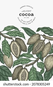 Cocoa color banner template. Chocolate retro cocoa beans background. Vector hand drawn illustration. Vintage style illustration.